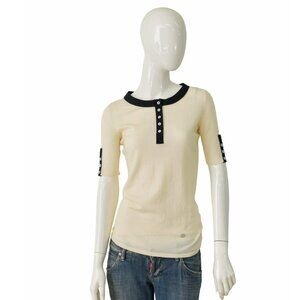 Gucci Cream & Black Trim Buttons Cashmere Top Short sleeve Knit Blouse size M